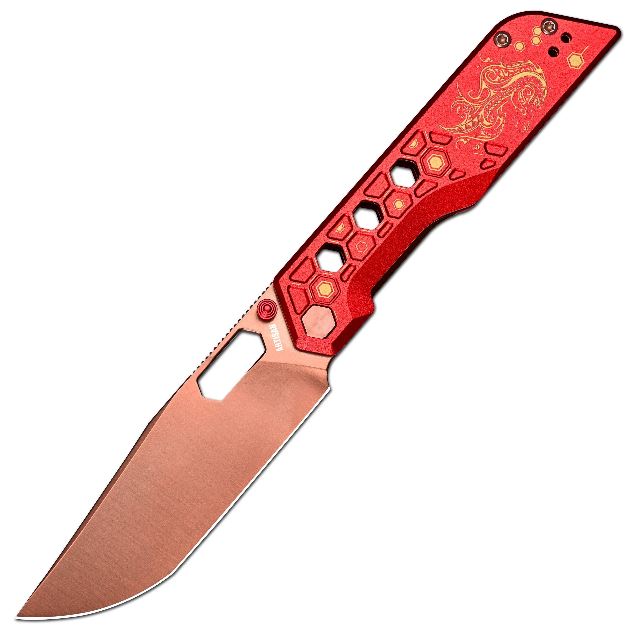 Pre-order | Artisan Cutlery Beest Liner Lock Front Flipper&Thumbs Hole Knife Red Aluminum Handle (3.65'' Rose Gold Coating AR-SFII Blade) 1878P-RE