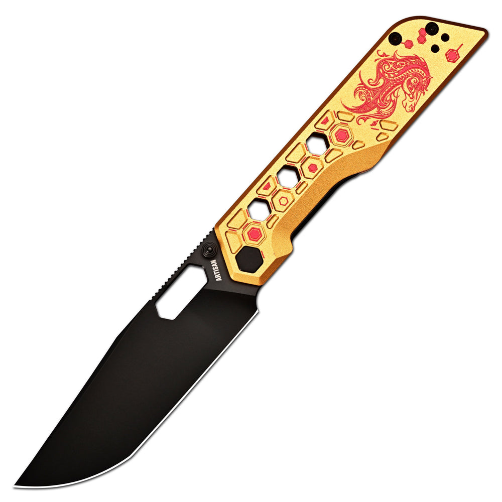 Pre-order | Artisan Cutlery Beest Liner Lock Front Flipper&Thumbs Hole Knife Gold Aluminum Handle (3.65'' Black PVD Coating AR-SFII Blade) 1878P-GL