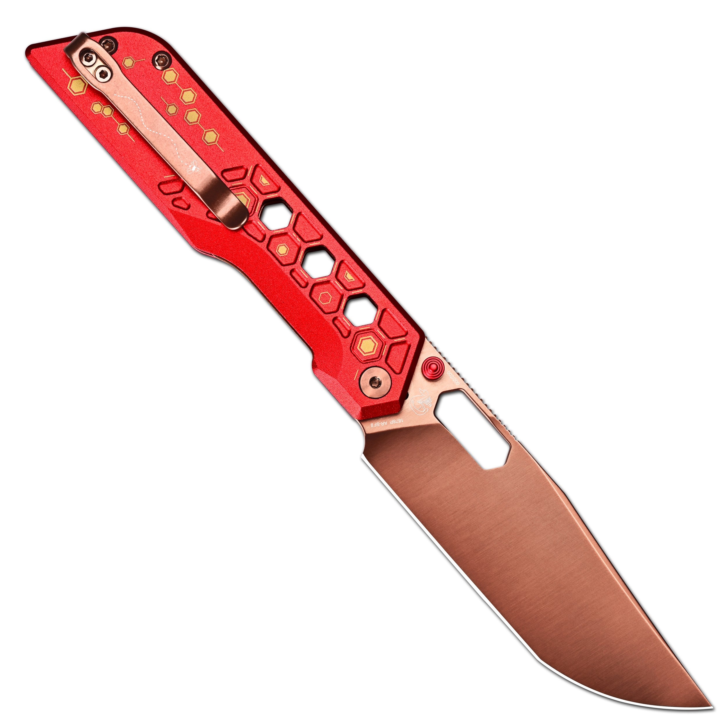 Pre-order | Artisan Cutlery Beest Liner Lock Front Flipper&Thumbs Hole Knife Red Aluminum Handle (3.65'' Rose Gold Coating AR-SFII Blade) 1878P-RE