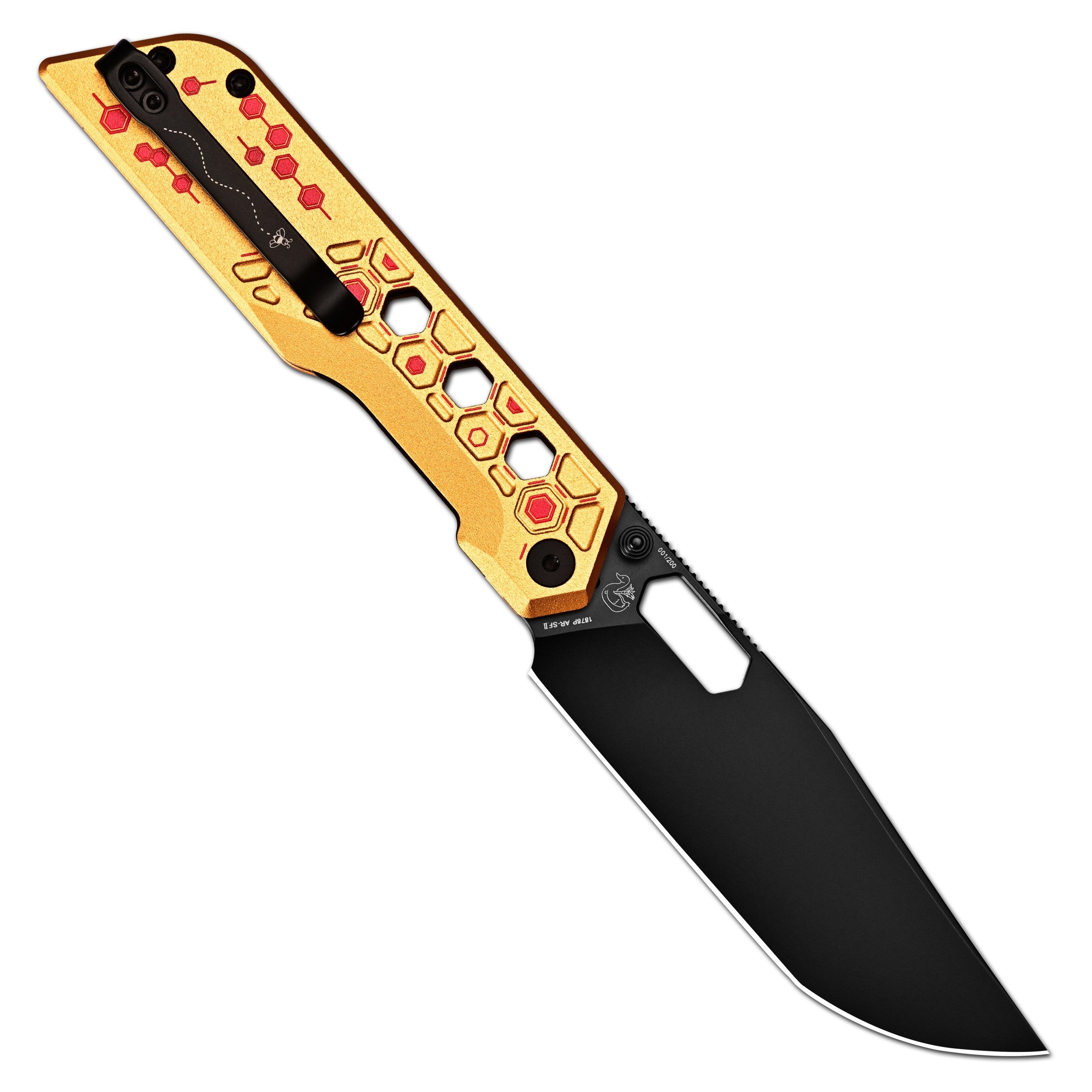 Pre-order | Artisan Cutlery Beest Liner Lock Front Flipper&Thumbs Hole Knife Gold Aluminum Handle (3.65'' Black PVD Coating AR-SFII Blade) 1878P-GL