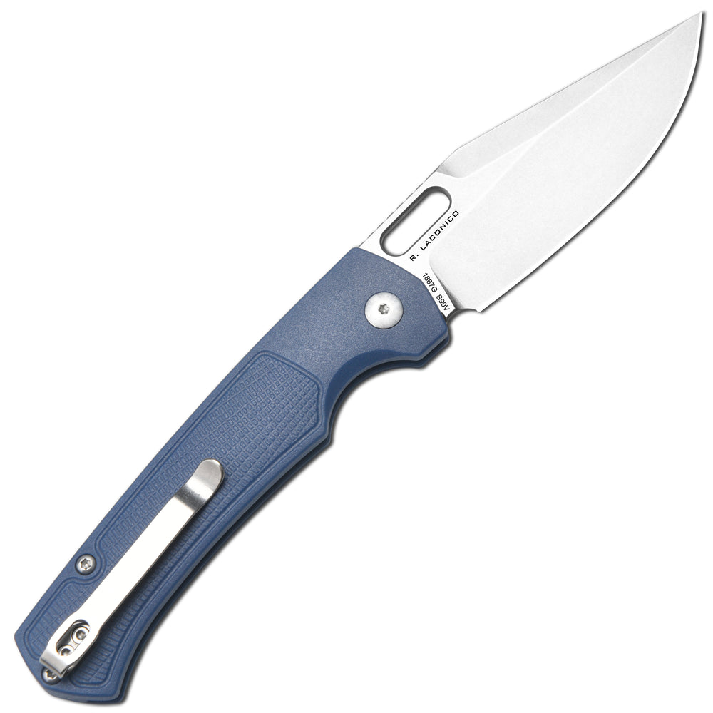 ARTISAN CUTLERY REVEL Button Lock Knife Blue FRN Handle (3.54'' Stone Wash S90V Blade) 1867G-BU