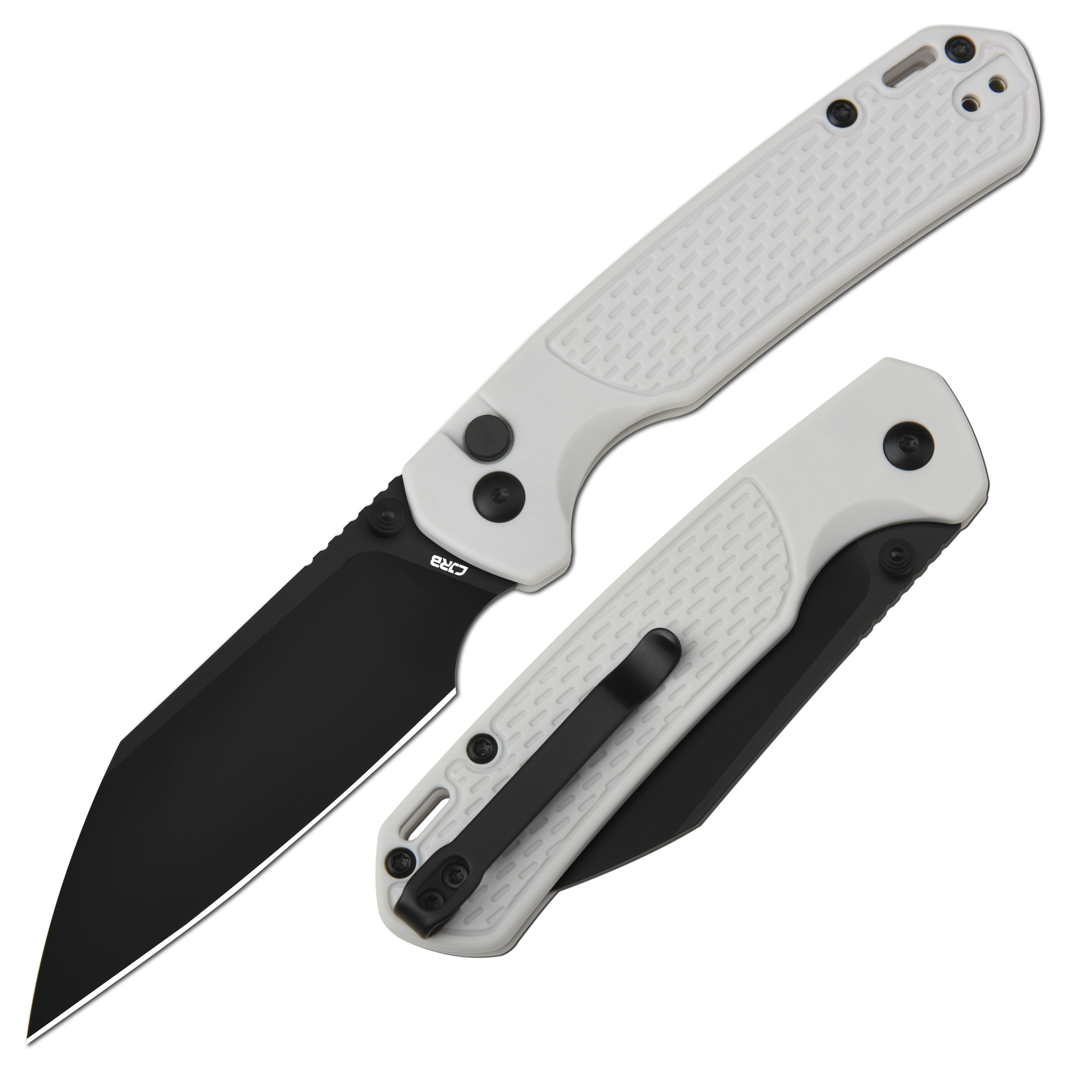 CJRB Pyrite-Light J1945 AR-RPM9 Steel Blade FRN Handle Folding Knives - Black PVD / Light Grey (J1945-BGY)