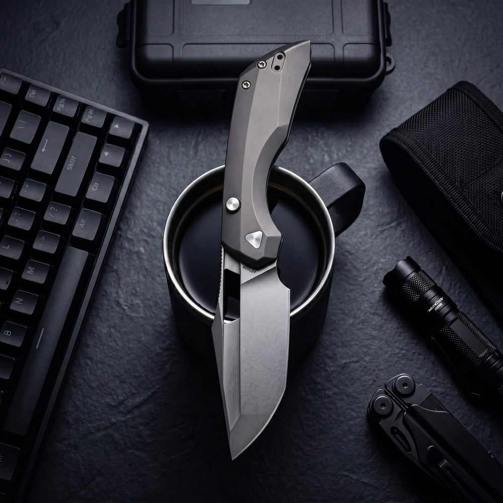 ArtisanCutlery Mousebird Thumb Hole Top Liner Lock EDC Knife Titanium Handle Gold Titanium Clip(3'' S35VN Stone Wash Blade ) 1889G-DG