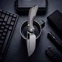 ArtisanCutlery Mousebird Thumb Hole Top Liner Lock EDC Knife Titanium Handle Gold Titanium Clip(3'' S35VN Stone Wash Blade ) 1889G-DG