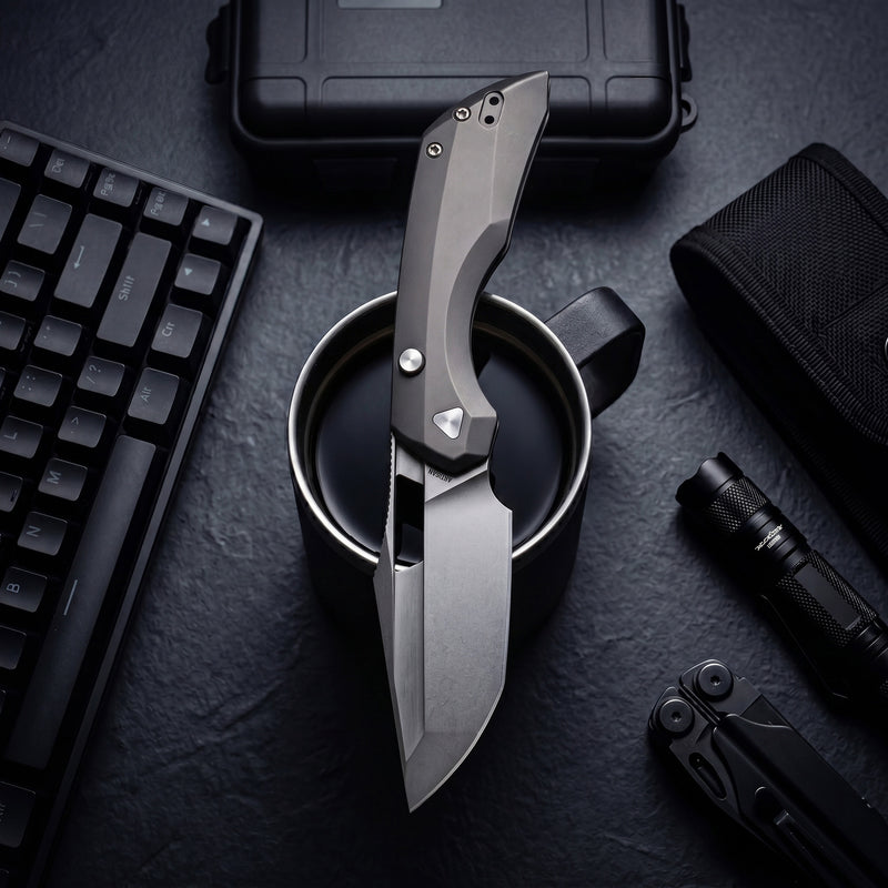 ArtisanCutlery Mousebird Thumb Hole Top Liner Lock EDC Knife Titanium Handle Gold Titanium Clip(3'' S35VN Stone Wash Blade ) 1889G-DG