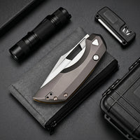 ArtisanCutlery Mousebird Thumb Hole Top Liner Lock EDC Knife Titanium Handle Gold Titanium Clip(3'' S35VN Stone Wash Blade ) 1889G-DG