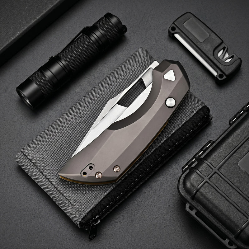 ArtisanCutlery Mousebird Thumb Hole Top Liner Lock EDC Knife Titanium Handle Gold Titanium Clip(3'' S35VN Stone Wash Blade ) 1889G-DG