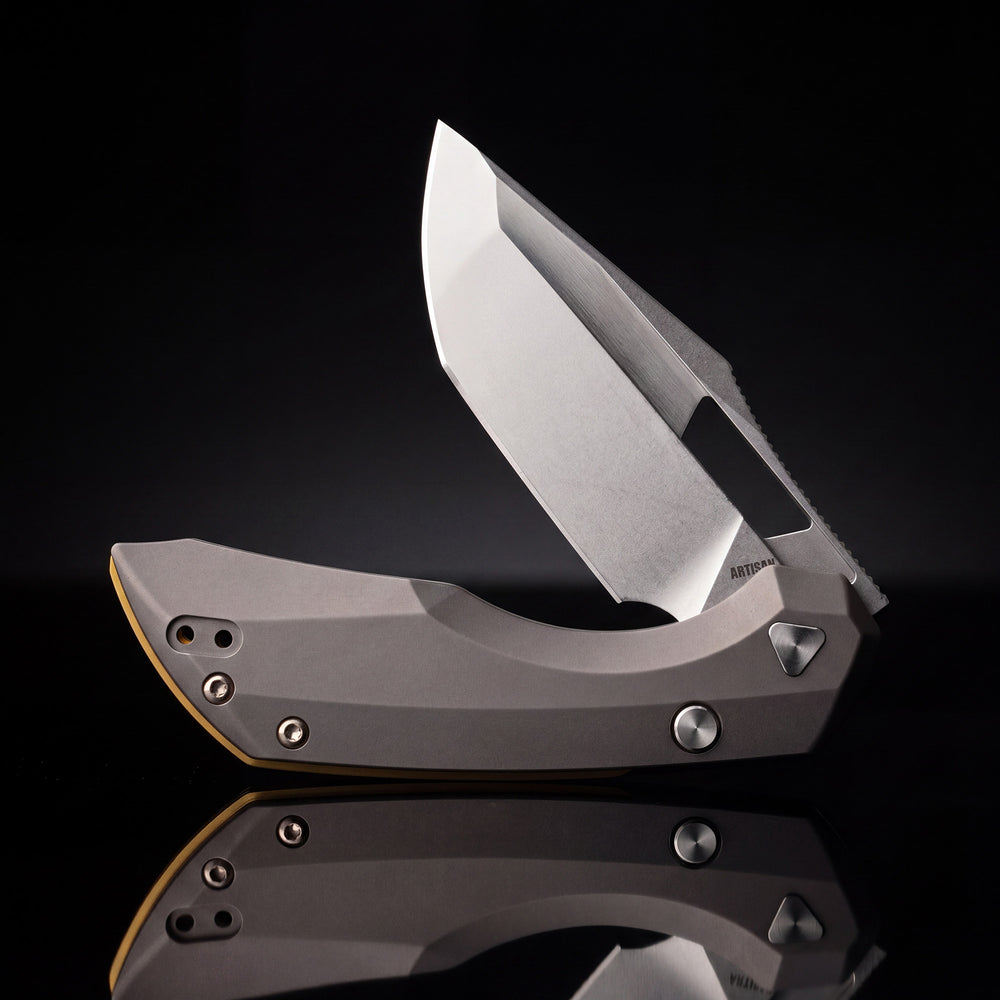 ArtisanCutlery Mousebird Thumb Hole Top Liner Lock EDC Knife Titanium Handle Gold Titanium Clip(3'' S35VN Stone Wash Blade ) 1889G-DG