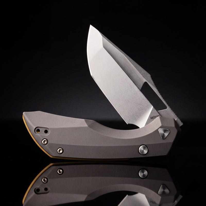 ArtisanCutlery Mousebird Thumb Hole Top Liner Lock EDC Knife Titanium Handle Gold Titanium Clip(3'' S35VN Stone Wash Blade ) 1889G-DG