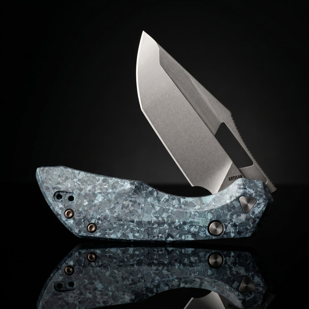 ArtisanCutlery Mousebird Thumb Hole Top Liner Lock EDC Knife Crystal Titanium Handle Crystal Titanium Clip(3'' S35VN Stone Wash Blade ) 1889G-CBU