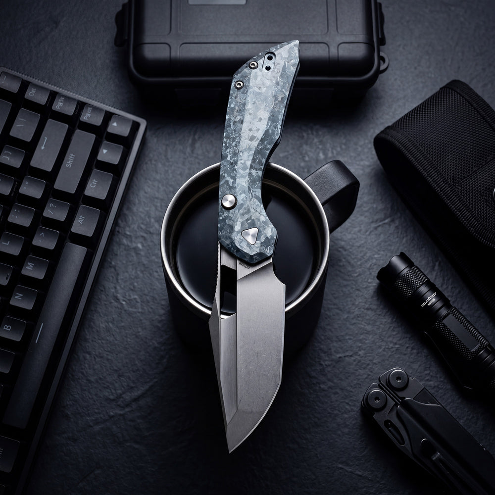 ArtisanCutlery Mousebird Thumb Hole Top Liner Lock EDC Knife Crystal Titanium Handle Crystal Titanium Clip(3'' S35VN Stone Wash Blade ) 1889G-CBU