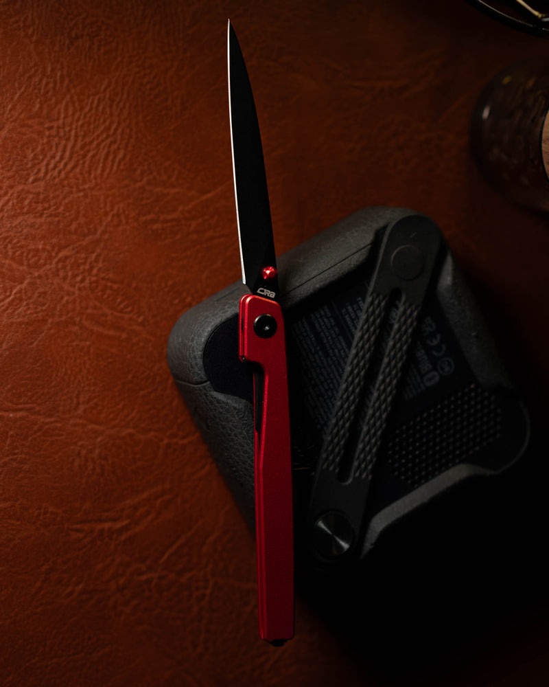 CJRB Lanky Thumb Stud & Liner Lock Knife Red Aluminum Handle (3.58'' Sandvik 14C28N Black PVD Coating Blade) J1965-BRE (Exclusive)
