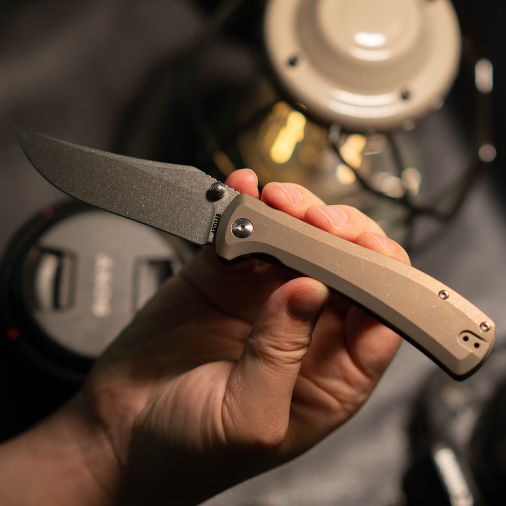 ArtisanCutlery Santee Thumb Stud & Frame Lock Folding Knife Titanium Handle (3.54'' CPM S35VN Steel Stone Wash Blade) 1888G-GY