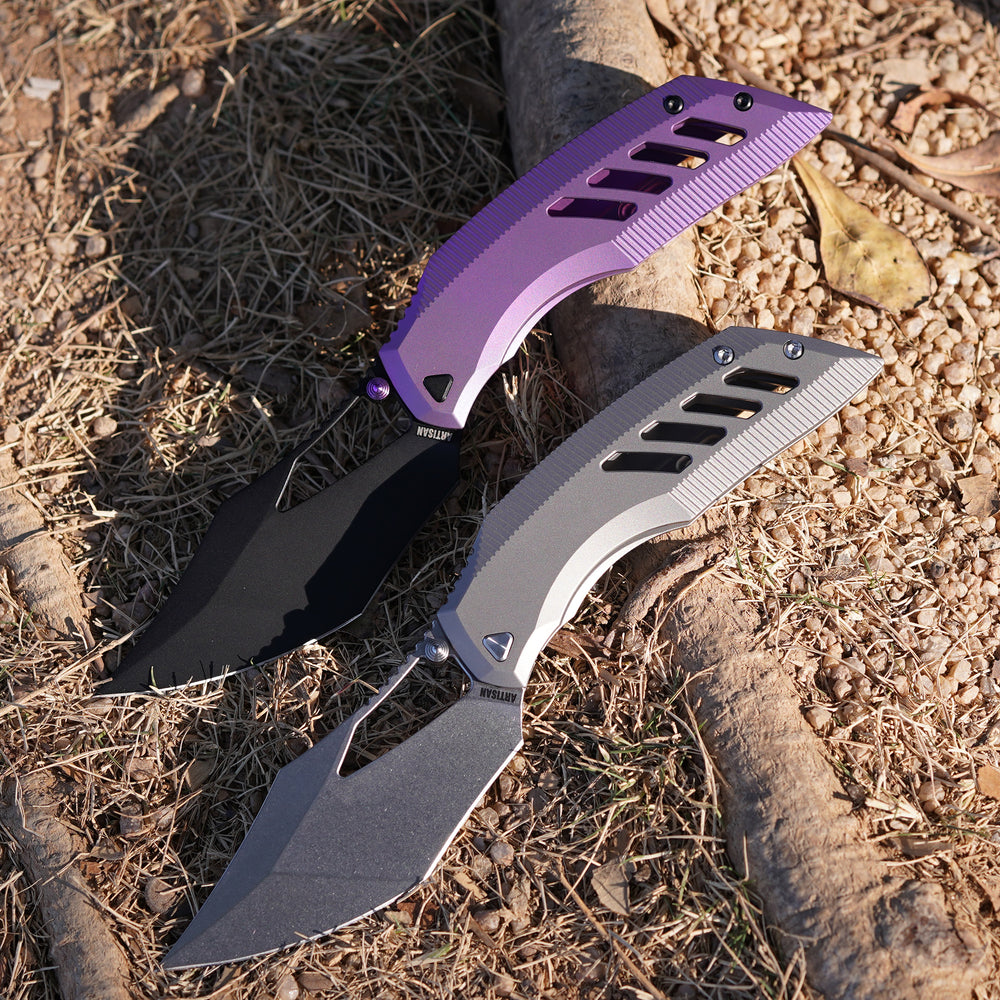 ArtisanCutlery Dark Wing Thumb Hole & Front Flipper Frame Lock EDC Knife Titanium Handle(3.63'' S35VN Stone Wash Blade ) 1887G-GY