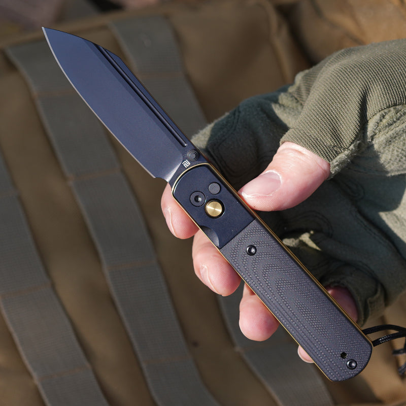 Artisan Cutlery Holm 1875P AR-RPM9 Steel Black Gold G10 Inlay Handle Folding Knives