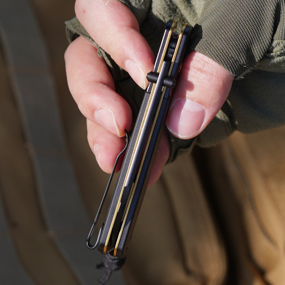 Artisan Cutlery Holm 1875P AR-RPM9 Steel Black Gold G10 Inlay Handle Folding Knives