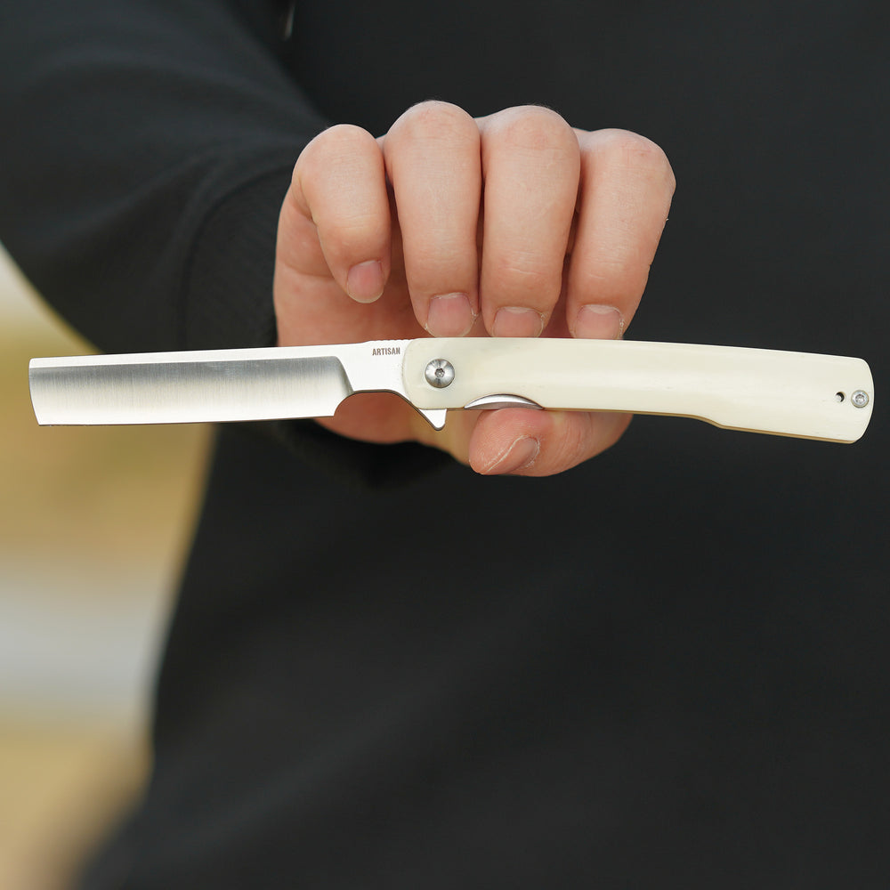 ArtisanCutlery Orthodox V2 Flipper & Liner Lock Knife Bovine Bone Handle (3.54'' Sand Polish CPM S45VN Blade) 1883G-BB