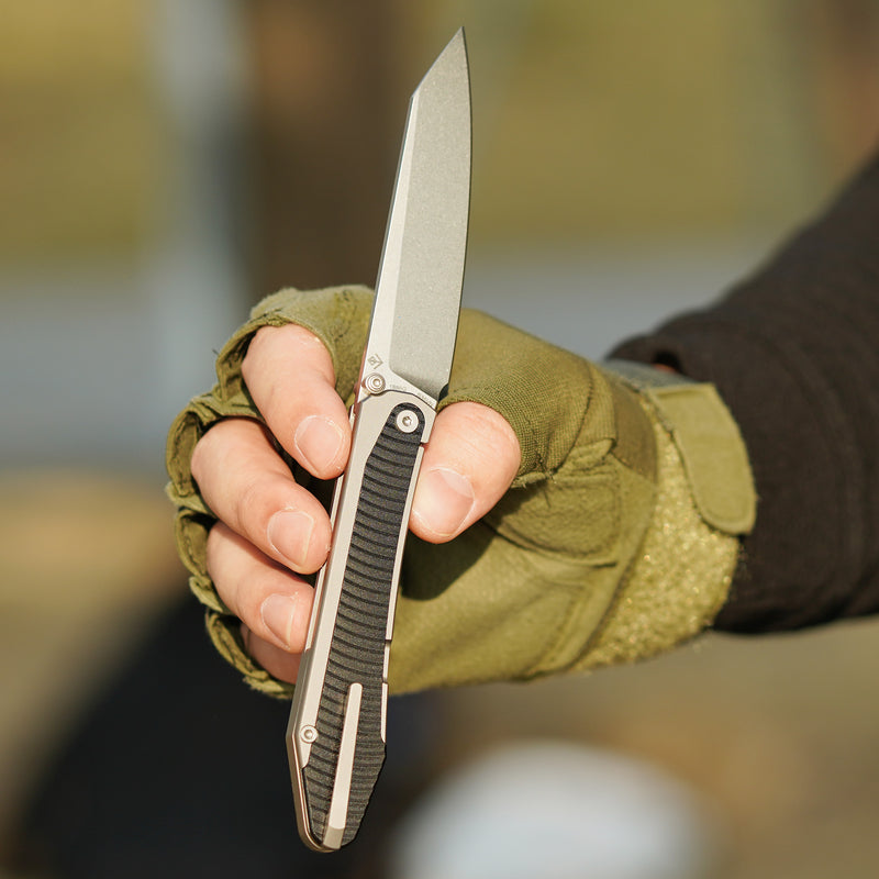 ArtisanCutlery Trust Thumb Stud & Frame Lock Knife Titanium and Aluminum Handle (3.758'' Stone Wash S35VN Blade) 1886G-GY