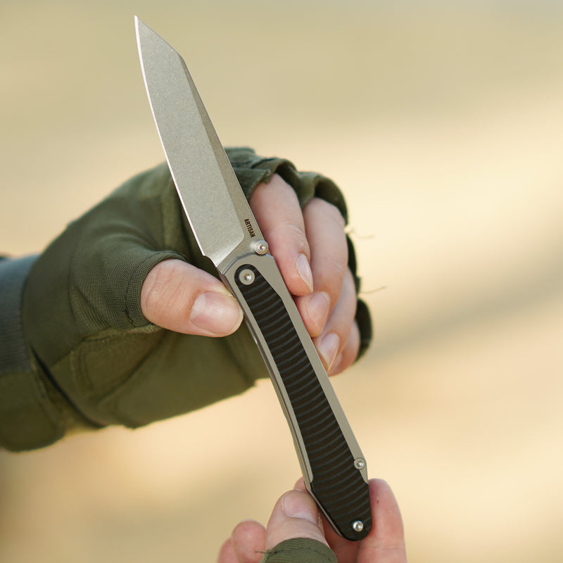 ArtisanCutlery Trust Thumb Stud & Frame Lock Knife Titanium and Aluminum Handle (3.758'' Stone Wash S35VN Blade) 1886G-GY