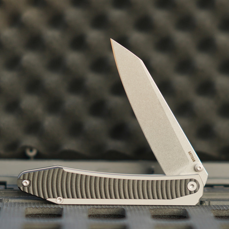 ArtisanCutlery Trust Thumb Stud & Frame Lock Knife Titanium and Aluminum Handle (3.758'' Stone Wash S35VN Blade) 1886G-GY
