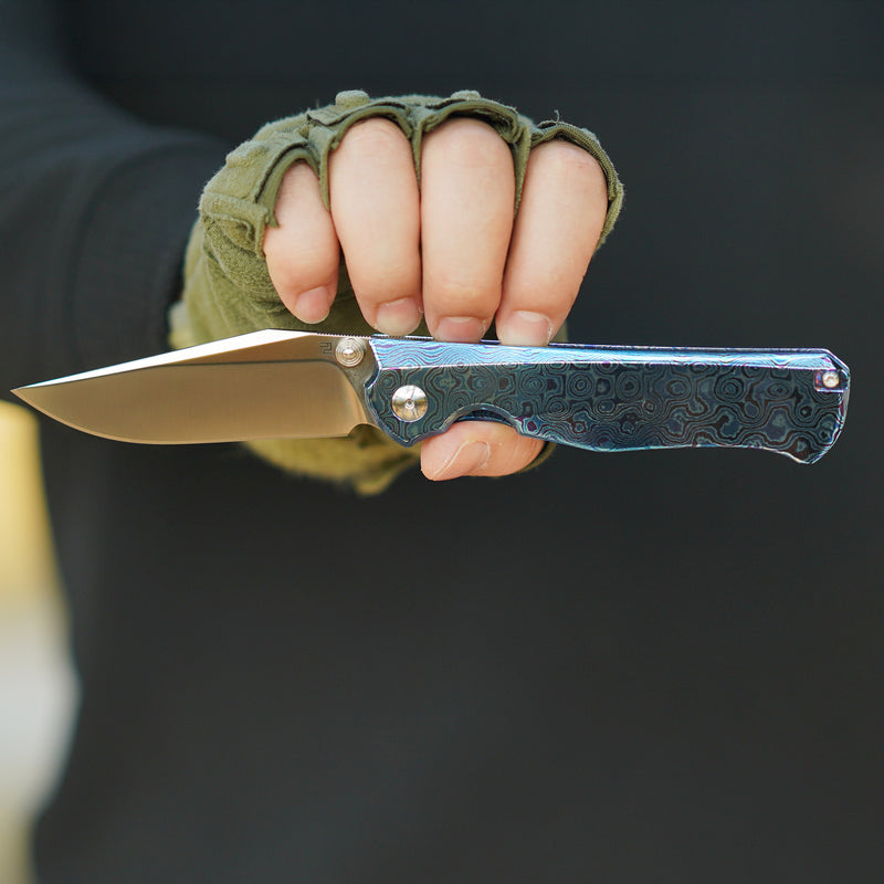 ArtisanCutlery Crusoe ATZ-1869G S90V Blade Titanium Damascus Handle Folding Knives