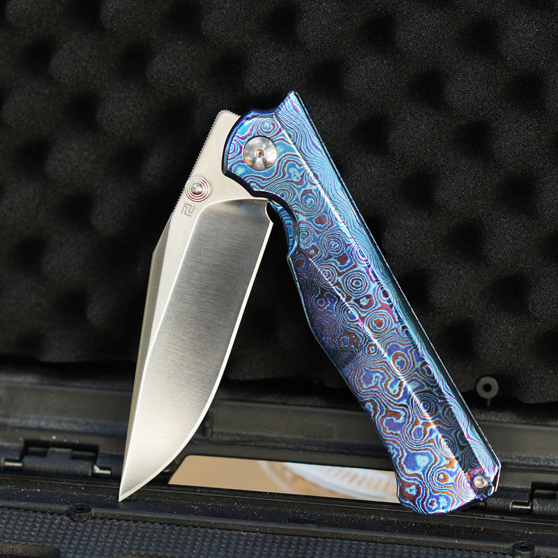 ArtisanCutlery Crusoe ATZ-1869G S90V Blade Titanium Damascus Handle Folding Knives