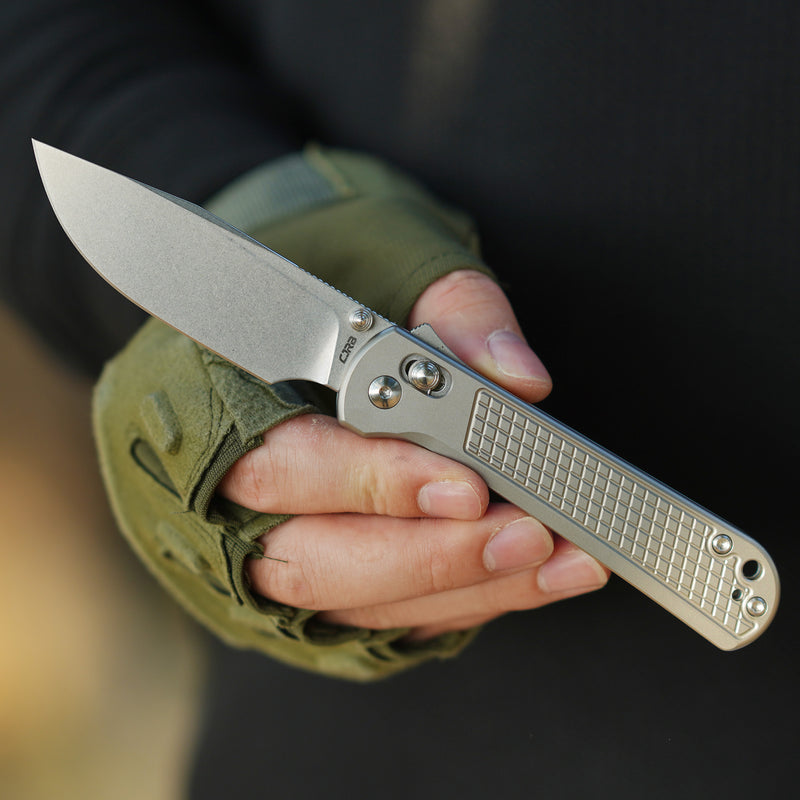 CJRB Bolt Thumbs Stud Recoil Lock Knife Titanium Handle (3.25'' Stone Wash S90V Blade) J1960G-GY