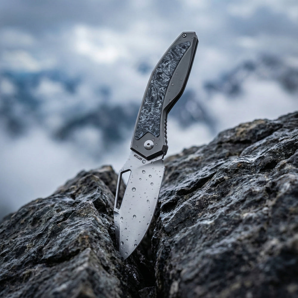 ArtisanCutlery Fragarach Frame Lock Thumb Hole Knife Titanium + Fat Carbon Handle (3.72'' Sand Polish S90V Blade) 1879G-DM
