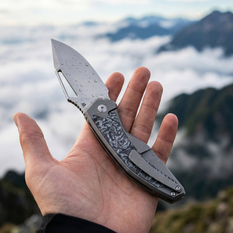 ArtisanCutlery Fragarach Frame Lock Thumb Hole Knife Titanium + Fat Carbon Handle (3.72'' Sand Polish S90V Blade) 1879G-DM