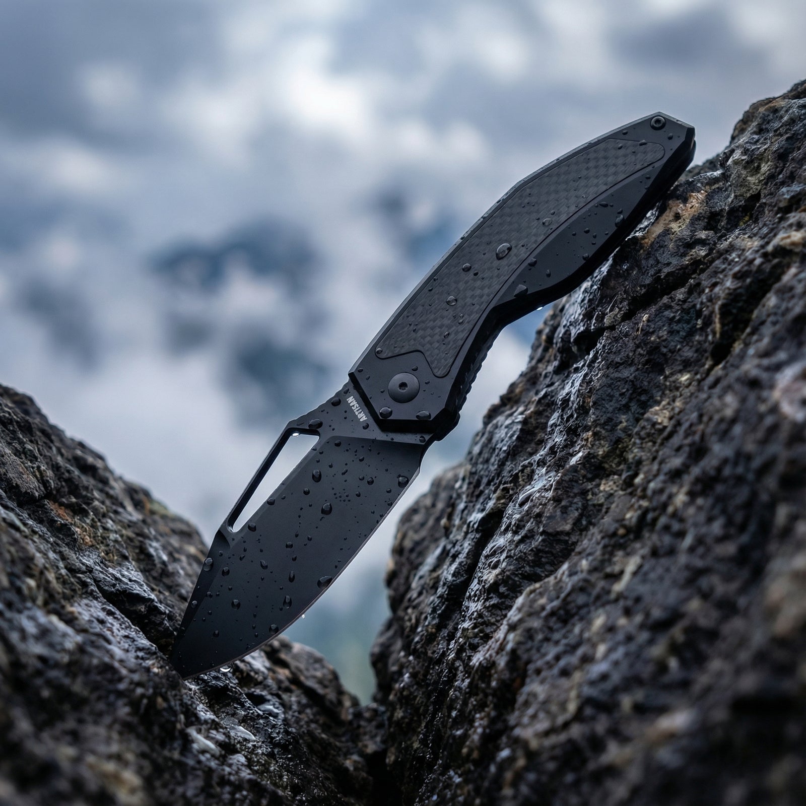 ArtisanCutlery Fragarach Frame Lock Thumbs Hole Knife Frag Black Titanium + Fat Carbon Handle (3.72'' Black PVD Coating S90V Blade) 1879G-BBK