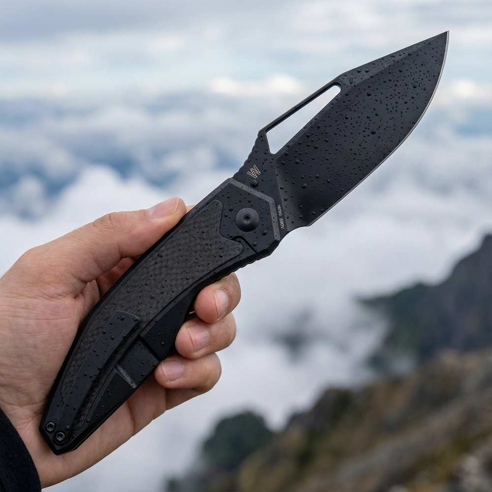 ArtisanCutlery Fragarach Frame Lock Thumbs Hole Knife Frag Black Titanium + Fat Carbon Handle (3.72'' Black PVD Coating S90V Blade) 1879G-BBK