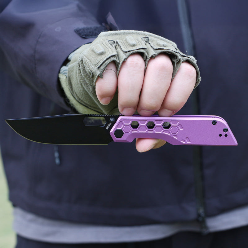 Artisan Cutlery Beest Liner Lock Front Flipper&Thumbs Hole Knife Purple Aluminum Handle (3.65'' Black PVD Coating AR-RPM9 Blade) 1878P-BVT