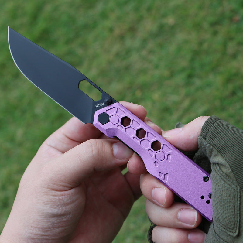 Artisan Cutlery Beest Liner Lock Front Flipper&Thumbs Hole Knife Purple Aluminum Handle (3.65'' Black PVD Coating AR-RPM9 Blade) 1878P-BVT