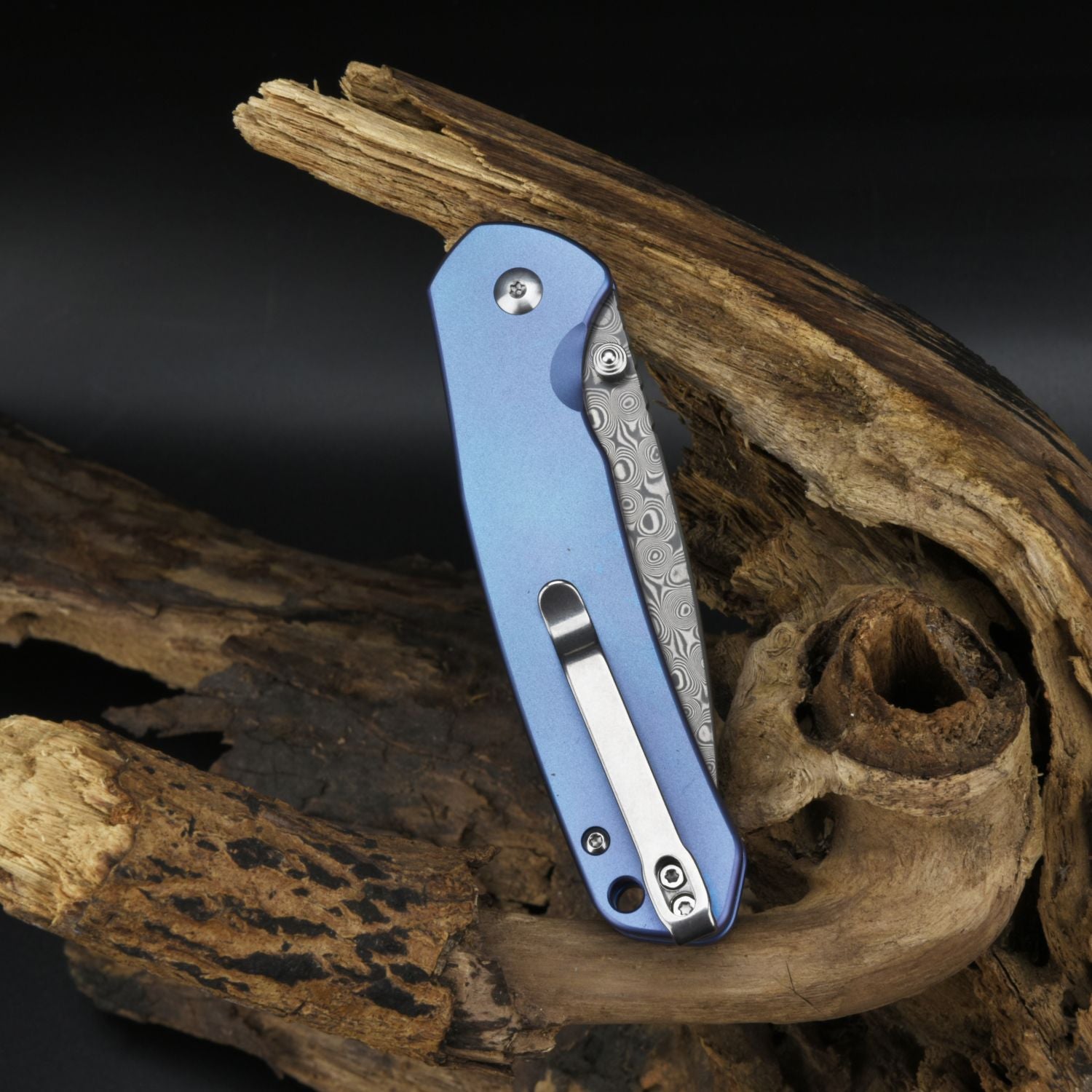 CJRB Pyrite Damascus Blade Folding Knives - Titanium Handle