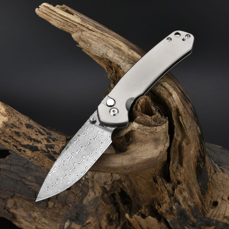 CJRB Pyrite J1925 DAMASCUS BLADE TITANIUM HANDLE FOLDING KNIVES