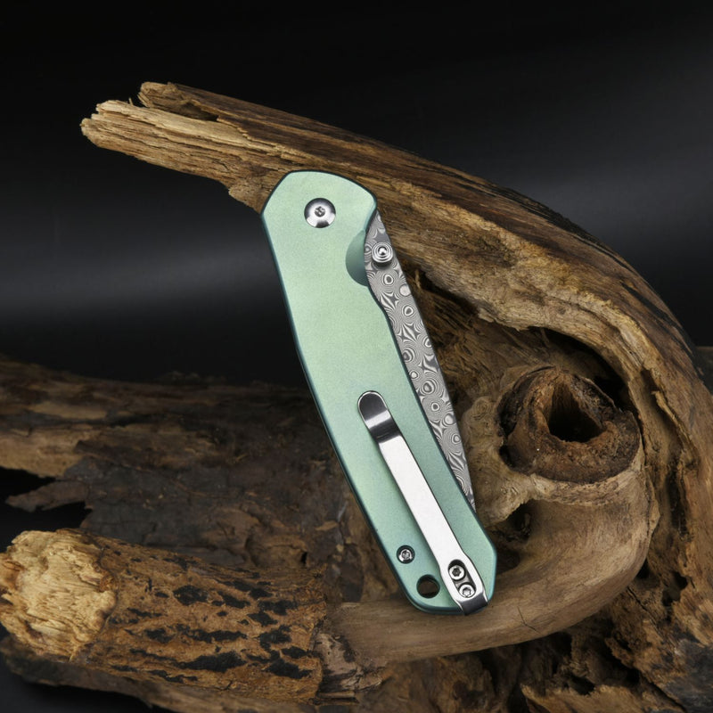 CJRB Pyrite J1925 DAMASCUS BLADE TITANIUM HANDLE FOLDING KNIVES