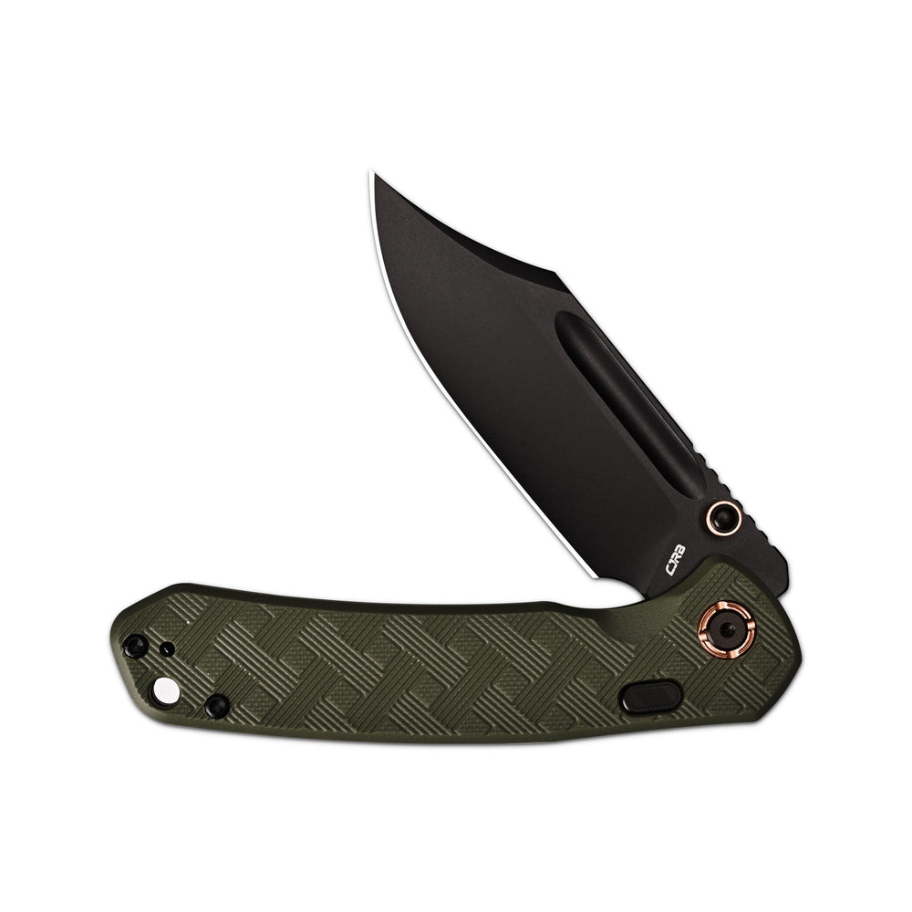 CJRB Bowie Pyrite Thumb Stud & Top Liner Lock Folding Knife Green CNC G10 Textured Handle (3.35'' AR-RPM9 Steel Black PVD Coating Blade) J1942X-BGN
