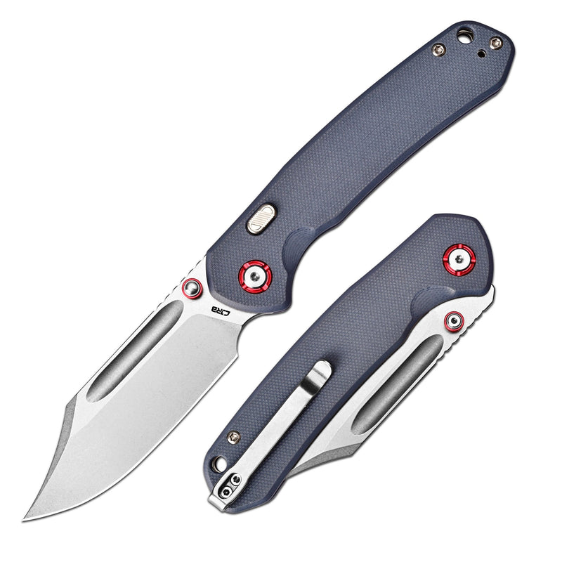 CJRB Bowie Pyrite Thumb Stud & Top Liner Lock Folding Knife Gray G10 Handle (3.35'' AR-RPM9 Steel Stone Wash Blade) J1942X-BU
