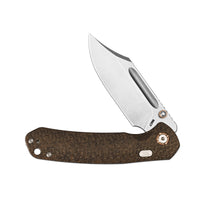 CJRB Bowie Pyrite Thumb Stud & Top Liner Lock Folding Knife Brown Glow in the Dark Micarta Handle (3.35'' Stone Wash 14C28N Steel Blade) J1942X-GDBN (Exclusive)
