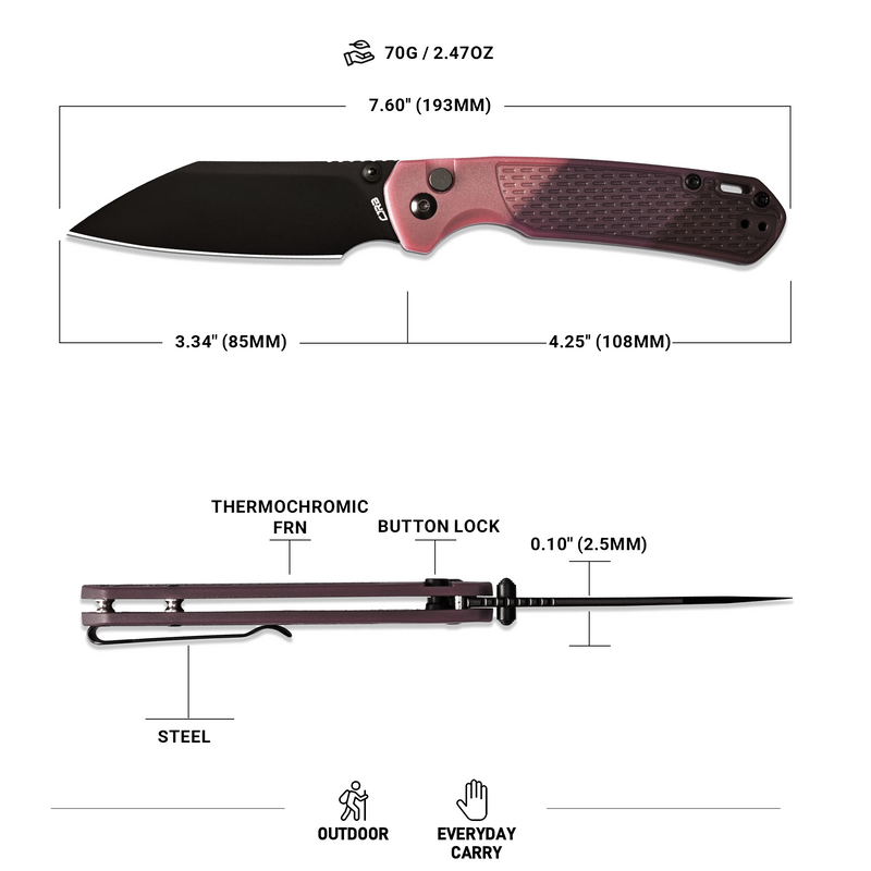 CJRB Pyrite-Light Thumb Stud & Button Lock EDC Knife, Thermochromic FRN Handle (Brown to Red), 3.34'' AR-RPM9 Black PVD Coating Blade, J1945-BRD