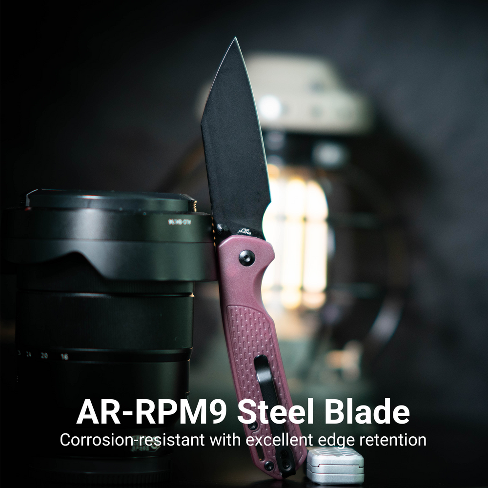 CJRB Pyrite-Light Thumb Stud & Button Lock EDC Knife, Thermochromic FRN Handle (Brown to Red), 3.34'' AR-RPM9 Black PVD Coating Blade, J1945-BRD