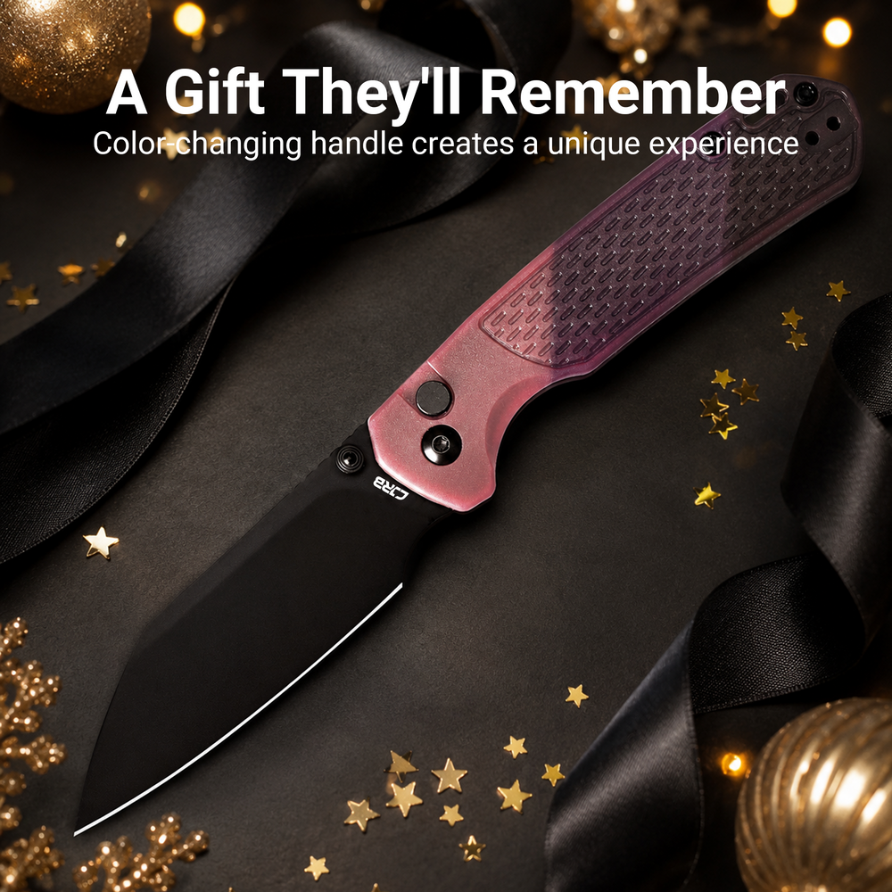 CJRB Pyrite-Light Thumb Stud & Button Lock EDC Knife, Thermochromic FRN Handle (Brown to Red), 3.34'' AR-RPM9 Black PVD Coating Blade, J1945-BRD