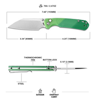 CJRB Pyrite-Light Thumb Stud & Button Lock EDC Knife, Thermochromic FRN Handle (Dark Green to Light Green), 3.34'' AR-RPM9 Stonewashed Blade, J1945-DLG