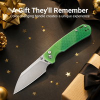 CJRB Pyrite-Light Thumb Stud & Button Lock EDC Knife, Thermochromic FRN Handle (Dark Green to Light Green), 3.34'' AR-RPM9 Stonewashed Blade, J1945-DLG