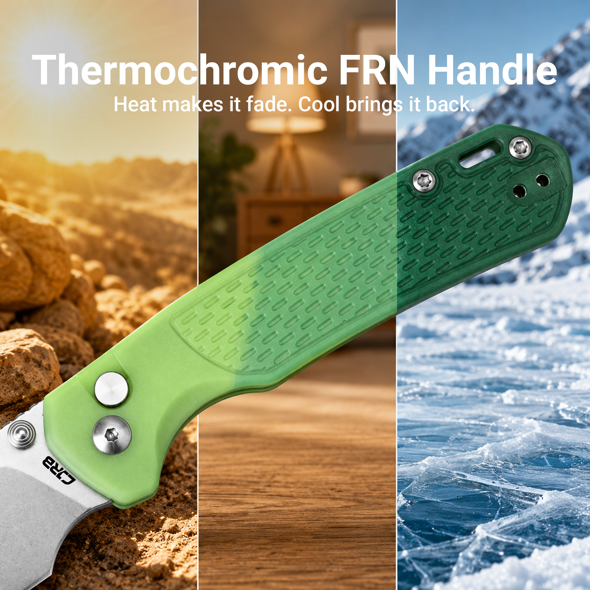 CJRB Pyrite-Light Thumb Stud & Button Lock EDC Knife, Thermochromic FRN Handle (Dark Green to Light Green), 3.34'' AR-RPM9 Stonewashed Blade, J1945-DLG