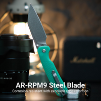 CJRB Pyrite-Light Thumb Stud & Button Lock EDC Knife, Thermochromic FRN Handle (Dark Green to Light Green), 3.34'' AR-RPM9 Stonewashed Blade, J1945-DLG