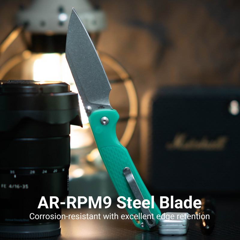 CJRB Pyrite-Light Thumb Stud & Button Lock EDC Knife, Thermochromic FRN Handle (Dark Green to Light Green), 3.34'' AR-RPM9 Stonewashed Blade, J1945-DLG