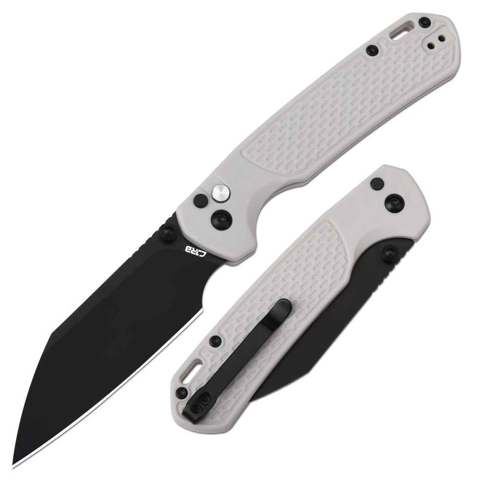 CJRB Large Pyrite-Light Button Lock with safety switch Knife White FRN Handle (3.7'' Black PVD Coating AR-RPM9 Blade) J1945L-BGY