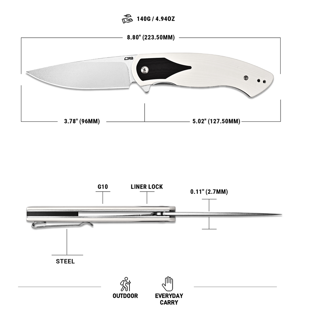CJRB Rodayo Flipper & Liner Lock Folding Knife White G10 Handle (3.78'' Stone Wash AR-RPM9 Steel Blade) J1972-WBK