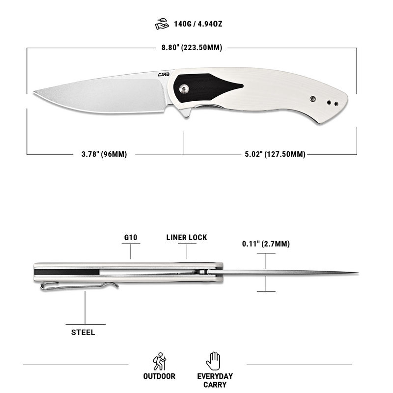 CJRB Rodayo Flipper & Liner Lock Folding Knife White G10 Handle (3.78'' Stone Wash AR-RPM9 Steel Blade) J1972-WBK